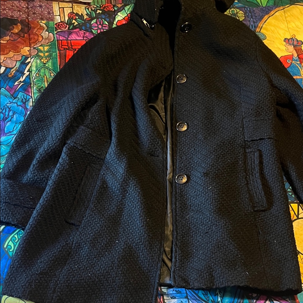 Womens Black Textured Button-Front Hooded Coat